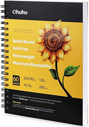 Ohuhu Carnet à Dessin Relié - 200GSM - à Spirales - 120 Pages/60 Feuilles, Carnet de Croquis à Couverture Rigide, pour Dessiner et Réaliser, pour Les marqueurs Alcool, 25,4 x 19,3cm