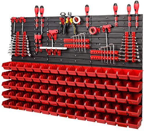 PAFEN Lagersystem Wandregal XXL 1158 x 780 mm - Extra Starke Werkzeugwand mit Stapelboxen – 111 tlg. - Rot Werkzeughalter + Rot Boxen