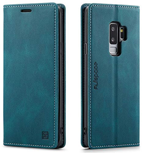 LOLFZ Handyhülle für Samsung Galaxy S9, Vintage Dünne Schutzhülle RFID Schutz Kartenfach Standfunktion PU Leder Magnetische Klapphülle Kompatibel mit Galaxy S9 - Blau
