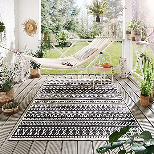 Steffensmeier Indoor Outdoor Teppich Nyland wasserfest Kunststoff Balkon Garten Flur, strapazierfähig und pflegeleicht, Streifen Schwarz, Größe: 160x2