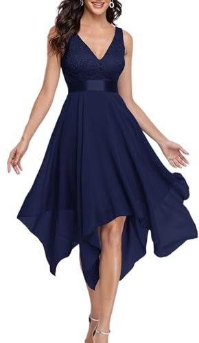 Ever-Pretty Women's Sleeveless V Neck Empire Waist A Line Lace Chiffon Midi Bridesmaid Dresses with Asymmetry Hem Navy Blue 12UK