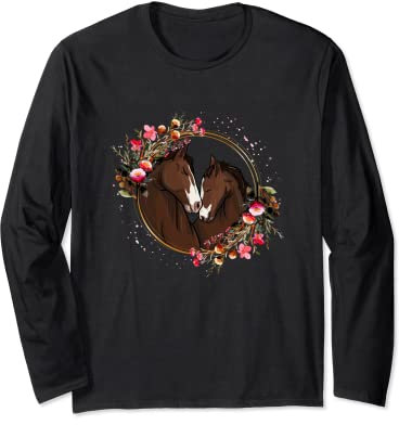 Stute und Fohlen mit Blumenkranz Pferd reiten Reiterin Langarmshirt