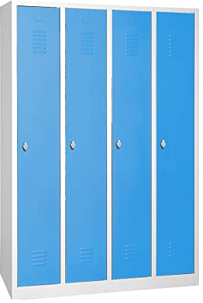 Schrank & Stuhl Spind – Metallspind mit 4 Abteilen, Schließfachschrank mit Hutboden, 30 cm Abteilbreite, Lieferung komplett montiert (Grau/Lichtblau, mit Drehriegelverschlüssen)