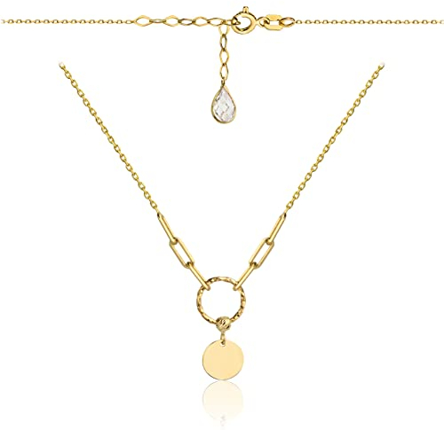 Goldene Damen Halskette 585 14k Gold Gelbgold Kette mit Anhänger Kreis Kugel Zirkonia Gravur