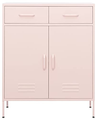 Goliraya Lagerschrank Sideboard Kommode Stahlschrank Beistellschrank Mehrzweckschrank Bücherschrank Metallschrank Stahl Rosa 80x35x101,5 cm, 2 Türen & 2 Schubladen