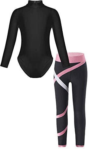 iEFiEL Mädchen Turnanzug Langarm Glitzer Gymnastik Kleidung Set Ballett Trikot Langarmbody mit Lange Hose Kinder Gymnastikanzug X Rosa 122-128