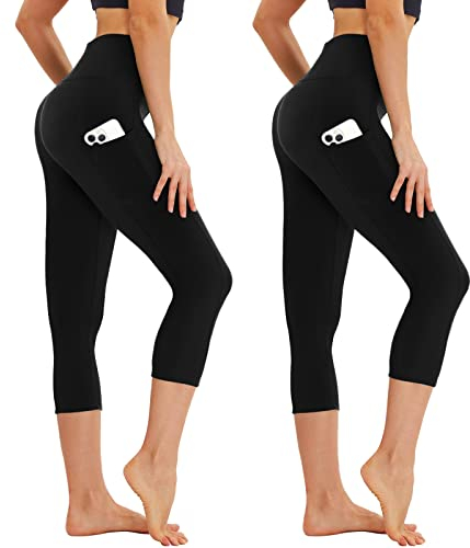 AMIYOYO Capri Leggings Damen mit Taschen 3/4 Sport Leggins High Waist Sporthose Blickdicht Elastisch 7/8 Yoga Hose Fitness Laufen für Outdoor 2er Pack(Schwarz*2,XXL=DE50-54)