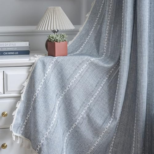 ColorBird Blue Boho Curtains Linen-Textured for Living Room Bedroom Light Filtering 84 Inches 2 Panels Farmhouse Embroidered Striped Curtains & Drapes for Nursery Dining Room Closet Window Treatments