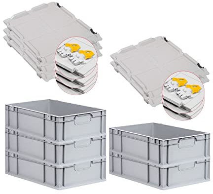 PROREGAL SuperSparSet 5x Eurobox NextGen Economy mit Scharnierdeckel & gelben Verschlüssen | Griffe geschlossen | HxBxT 17x40x60cm | 34 Liter | Eurobehälter Transportbox Transportbehälter