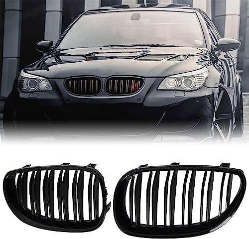 BILLDIO E60 Kühlergrill – Front-Nierengitter Doppellamellen glänzend schwarz kompatibel mit 2003–2009 BMW 5er Serie 520i 523i 525i 528i 530i 535i 550i BMW E60 Schwarz Nieren Kühlergrill