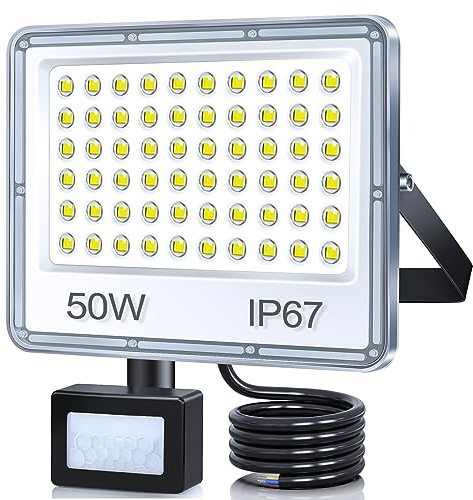 TASINUO Faro LED Esterno con Sensore Movimento 50W, 5000LM Faretto con Sensore di Movimento, 7000K Bianca Fredda Faretto LED da Esterno, Impermeabile IP67 Luci per Giardino Terrazza Garage
