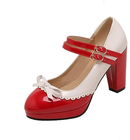 MOLIMI Damen Knöchelriemen Rockabilly Pump Mary Janes mit Schleife Retro Round Toe Schuh Oxford Plateauschuhe,39,Red