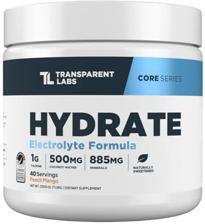 Transparent Labs Hydrate Naturally Sweetened Electrolytes Powder - Hydration Powder Electrolytes with Coconut Water, Calcium, Taurine, & Potassium - 40 Servings, Peach Mango