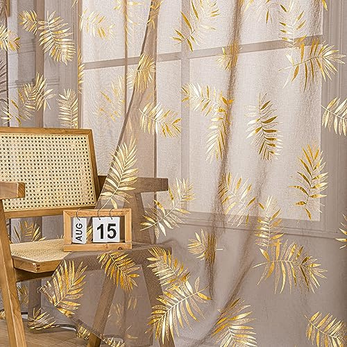 Sutuo Home Transparente Vorhänge, goldfarbener Foliendruck in Metallic-Optik, Tropische Blätter, Fensterdekoration für Schlafzimmer und Wohnzimmer, 2er-Set, 132 x 243,8 cm (B x L), Taupe