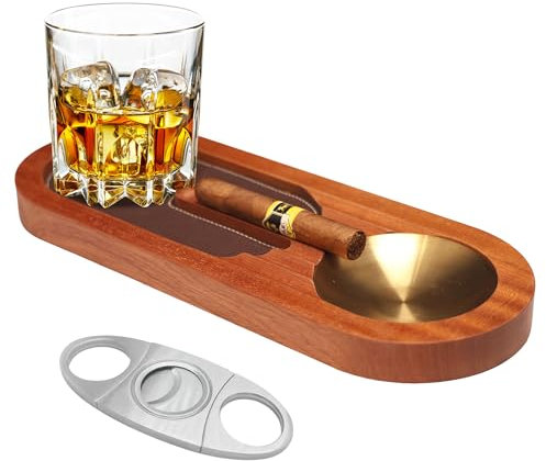 Zigarren Aschenbecher, Whiskey Glas Tablett, Zigarrenhalter für Innen Außen, Holz Aschenbecher Aschenbecher für Zigaretten, Zigarren Zubehör Dekor für Home Office Zigarre Geschenke für Männer (Muster