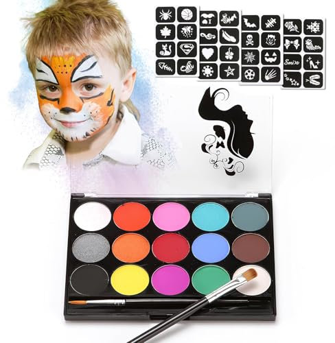 Palette de Maquillage Enfants 15 Couleurs Face Painting Party Set Professionnel Lavables Peinture Visage avec Pochoirs et Pinceaux Maquillage Enfant Carnaval pour Mascarade Halloween Noël Soirées