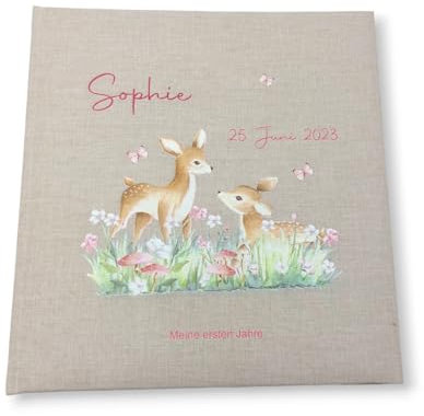 Tenii® Fotoalbum personalisiert Baby, Kind Rehe 2 Leinen, Erinnerungsalbum (30x31cm - 100 Seiten)