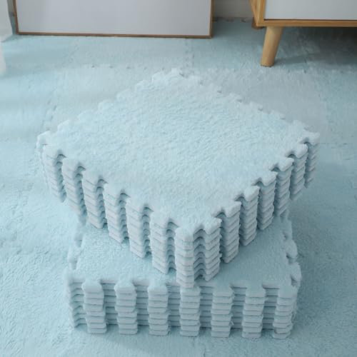 40 Pcs Plush Puzzle Interlocking Carpet Tiles,Foam Floor Mat,Jigsaw Floor Mat Rugs,Play Mat For Living Room,12X12 Inch(Size:0.23 Inch,Color:Light Blue)