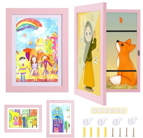 GOFOWRK Bilderrahmen Kinderzeichnungen A4, 2 Stück Kinder Kunst Rahmen A4, Fasst 150 Bilder de Kinderzeichnungen Archiv Bilderrahmen, kinder bilderrahmen kann die Anzeigearbeit Andern (Rosa)