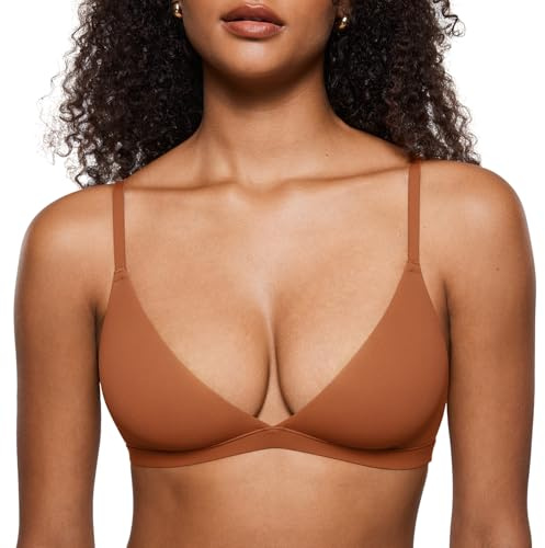 INLYRIC Women's Inbarely Triangle Bralette Plunge Unlined Seamless Bra No Underwire Sexy Comfortable Everyday Bronze Beige Large