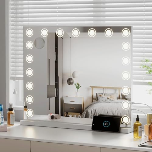 Buildonely Schminkspiegel mit Beleuchtung, 100x80cm Großer Hollywood Spiegel mit Beleuchtung, 19 LED Licht Dimmbare und 3 Lichtmodi, Tischspiegel, Wandspiegel mit Touch Control, Weiß