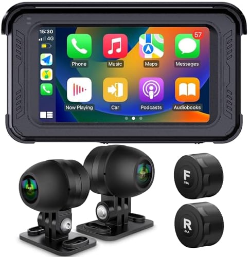 ydi Waterproof Motorcycle Dash Cam with Wireless CarPlay & Android Auto, 5'' IPS Touch Screen, Front and Rear Camera HD 1080P, TPMS, Bluetooth, Wi-Fi, GPS, Max up to 256GB