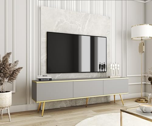 3E 3xE living.com Meuble TV en Couleur Gris avec Pieds en Or D : L : 175 cm, H : 53 cm, P : 32 cm