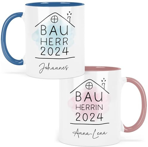 kleinebuchstaben® Bauherrin Bauherr Tassen Set 2024 Name Personalisiert, Geschenke zum Richtfest, Geschenkideen zum Hausbau Einweihung Einweihungsfeier (Bauherr & Bauherrin mit Namen - Farbig)