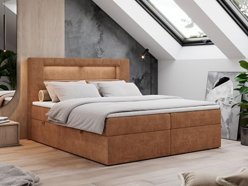 MKS MEBLE Boxspringbett 120x200 mit Led Orange, Polsterbett Bett 120x200 mit LED Kopfteil, Multipocket Matratze H4, Doppelbett mit Bettkasten Stauraumbett - Gold-5 - Orange Struktur
