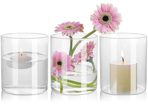 3 Stück15 cm Glasvasen für TischdekoGläser für Kerzen, Blumen, Kieselsteine, Muscheln, Perlen & Windlicht Glas - Durchsichtige Glasvase Zylinder - Vasen Hochzeit Tischdeko