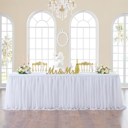 Tüll-Tischröcke für rechteckige Tische, 2,4 m, 2-lagig, goldfarben, 640,1 cm, Weiß, 6,4 m lang, für Hochzeit, Geburtstag, Party, Babyparty, Kuchen, Desserttische (ohne Tischdecke)