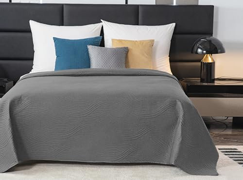 FEBE Tagesdecke Bettüberwurf 240x220 cm Grau Überwurfdecke Sofadecke Sofaüberwurf Flauschig Mikrofaser Zimmer Deko Throw Blanket