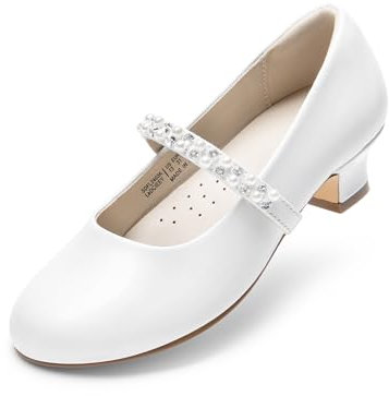DREAM PAIRS Girls Party Shoes Low Heels for Little Big Girl Mary Jane Shoes with Pearl Rhinestones Flower Girl Pumps Princess Wedding,Size 4 Big Kid,White,SDFL2403K
