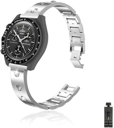 Metall Armbänder für Omega x Swatch MoonSwatch Armband mit Glitzer Strass Verstellbar Bänder für Damen, Elegant Edelstahl Ersatzarmband Kompatibel mit Omega x Swatch MoonSwatch Uhrarmband (Silber)