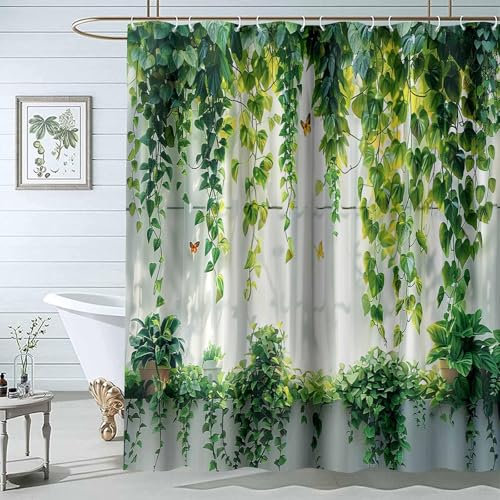 TZKRWRH Grün Duschvorhang für Wohnmobile, Grüne Pflanzenschönheit Pflanze Badewanne Vorhang natürliche Bad Vorhang im Freien für Badezimmer Dekor mit Haken - 300x200cm(WxH)