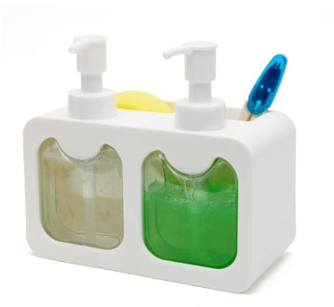 DASIAUTOEM Spülmittelspender Küche, Spülmittelspender Soap Küche Pumpspender Seifenspender mit Schwammhalter und Bürstenhalter 3 in 1 Spülorganizer Spülbecken Organizer für Küchen, Bad
