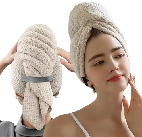 Grande Serviette de Cheveux en Microfibre, Serviette Cheveux Sechage Rapidement Super Absorbant, Hair Towel Drying Femme Avec sangle élastique, Anti-Frisottis Douce Large Hair Turban