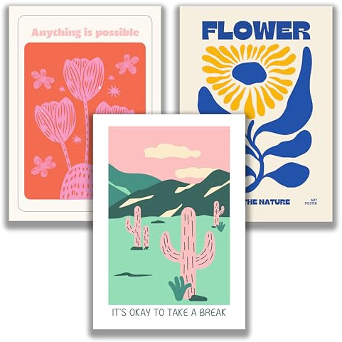 WBdesignz 3er Grafik Design Poster Set - Wanddeko für Wohnzimmer Natur Wüste Blumen Kaktus Patellfarben Farbkontrast Ruhe Auszeit Wohlfühl-Sprüche Deko Bilderset Kunstdruck (30 x 40 cm, ohne Rahmen)