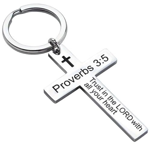 Schlüsselanhänger Christlich - Kreuz mit Bibelvers Gravur - Silberfarben (Proverbs 3:5)