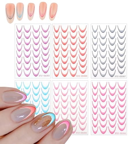 6 PCS French Tip Stickers Colorful French Line Nail Art Stickers Self-Adhesive Nail Tips French Tips Nail Stickers Nail Art Designs Transfer Decals for DIY Nail Art Decorations
