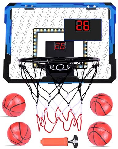 Mini Basketball Hoop Indoor for Kids and Adults Over The Door Basketball Hoop with Automatic Scoring, LED Light and 4 Basketballs, Basketball Toy Gift for Boys Girls Age 6 7 8 9 10 11 12 13 Years