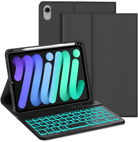 WAVATA Tastiera per iPad Mini 7 2024 8.3 Pollici (A17 Pro) con Retroilluminata, Custodia Tastiera per iPad Mini 7/6 2021 Magnetica Bluetooth Staccabile Cover QWERTY Layout, Nero
