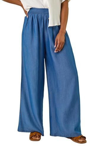 Roman Originals Pleated Full Length Wide Leg Trouser for Women UK - Ladies Everyday Holiday Spring Summer Comfy Soft Evening Vacation Work Party - Denim - Size 12