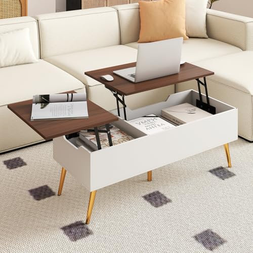 COSTWAY Table Basse Relevable, Table Basse Salon avec 2 Compartiments Cachés, 5 Pieds en Métal Robuste, Levage à Vérin à Gaz, pour Salon, Bureau, 111 x 48 x 40-53,5 cm (Blanc)