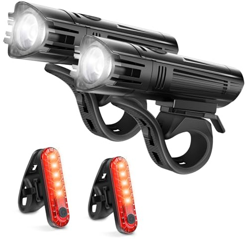 Ascher Ultra Bright USB Rechargeable Bike Light Set, Powerful Bicycle Front Headlight and Back Taillight, 4 Light Modes, Easy to Install for Men Women Road Mountain Cycling Black, Set of 2