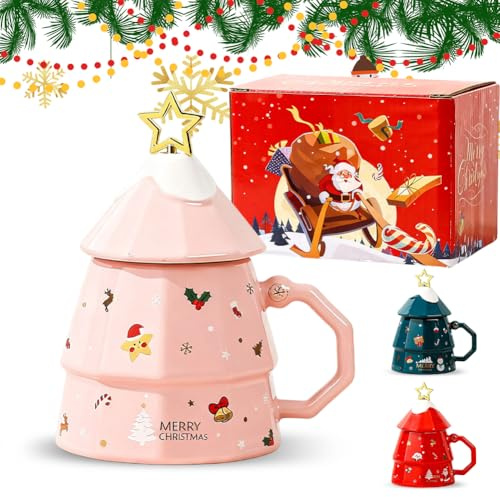 Yuragim Ceramic Christmas Tree Coffee Cup Christmas Mug with Lid and Stirring Stick, Cute Cups Set, Christmas Tree Cup, 350 ml Coffee Mug, Winter Mug, Funny Christmas Gifts for Women
