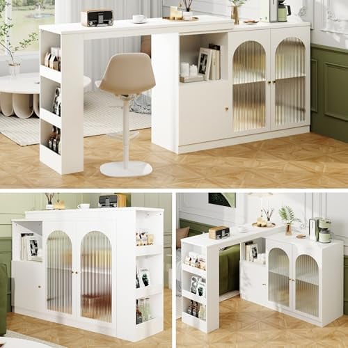 Lahoomu Um 360° Drehbarer Bartisch (Hauptkörper 120 x 40 x 97 cm), Weißer Rotierender ESS- und Barschrank, Multifunktionaler Aufbewahrungsschrank mit Glastür