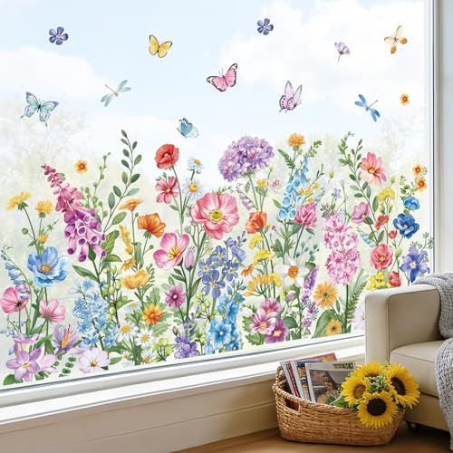 wondever Fensterbilder Wildblumen Schmetterlinge Libelle Fenstersticker | Wiederverwendbar, Doppelseitig Statisch PVC Fensterdeko, Fenster Vogelschutz, Frühling Deko für Glas Tür Wohnzimmer Küche
