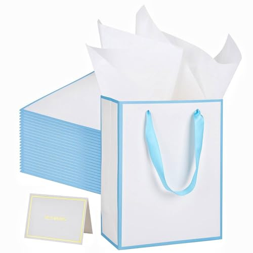 UoeRing 25 Pack Thank You Gift Bags with Handles 9.5x7.5x3.75 inch Gift Bags Medium Size Gift Bag with Tissue Paper and Card for Wedding Birthday Bridesmaid Holidays Mother's Day (White Blue)
