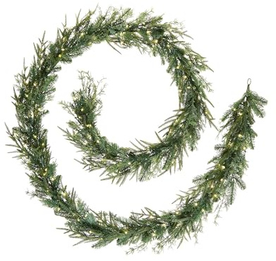 Pre-Lit Natural Fir Garland, 9 ft – 675 PE Tips, 100 Warm White Micro-Wire LEDs, Low Voltage Transformer with Memory Controller, 3m Lead Wire